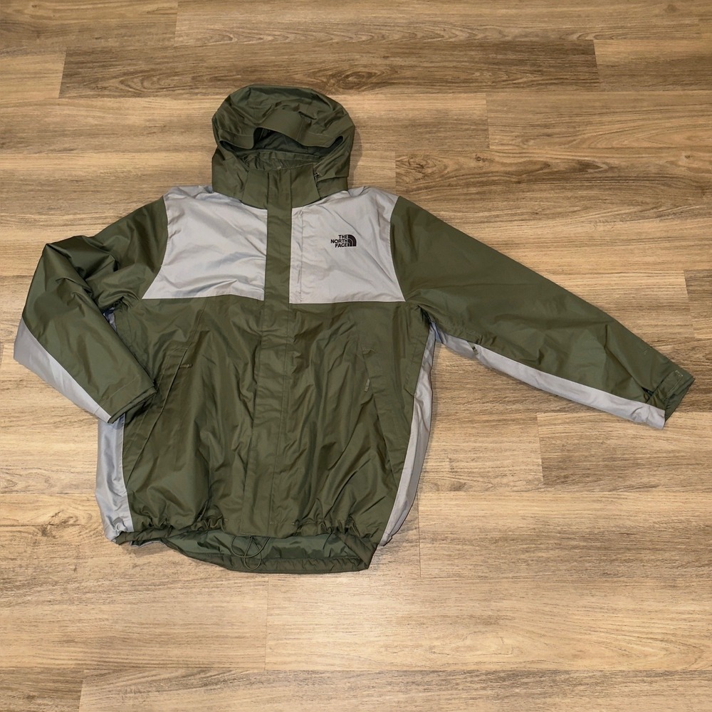 The North Face Mens NF0A3RSX Hooded Windbreaker Jacket Olive Green Grey XL